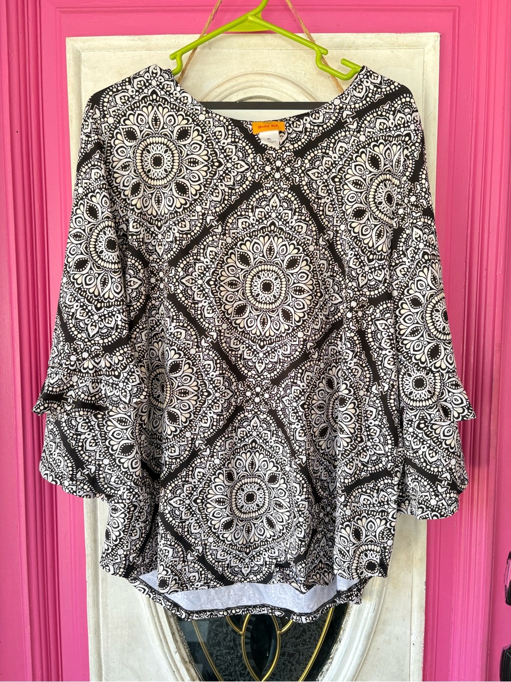 Ruby Rd. Black and White Medallion Bell-Sleeve Tunic